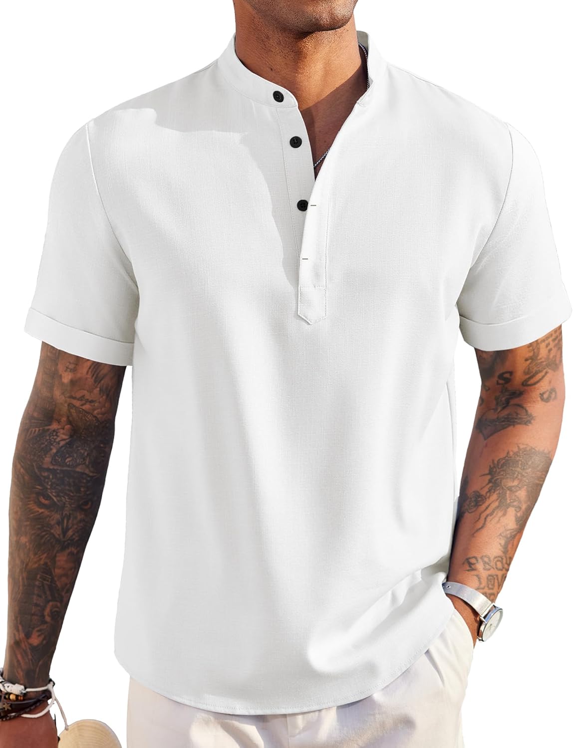 Men’s Linen Henley Shirt Short Sleeve Casual Summer Beach Hippie T Shirts